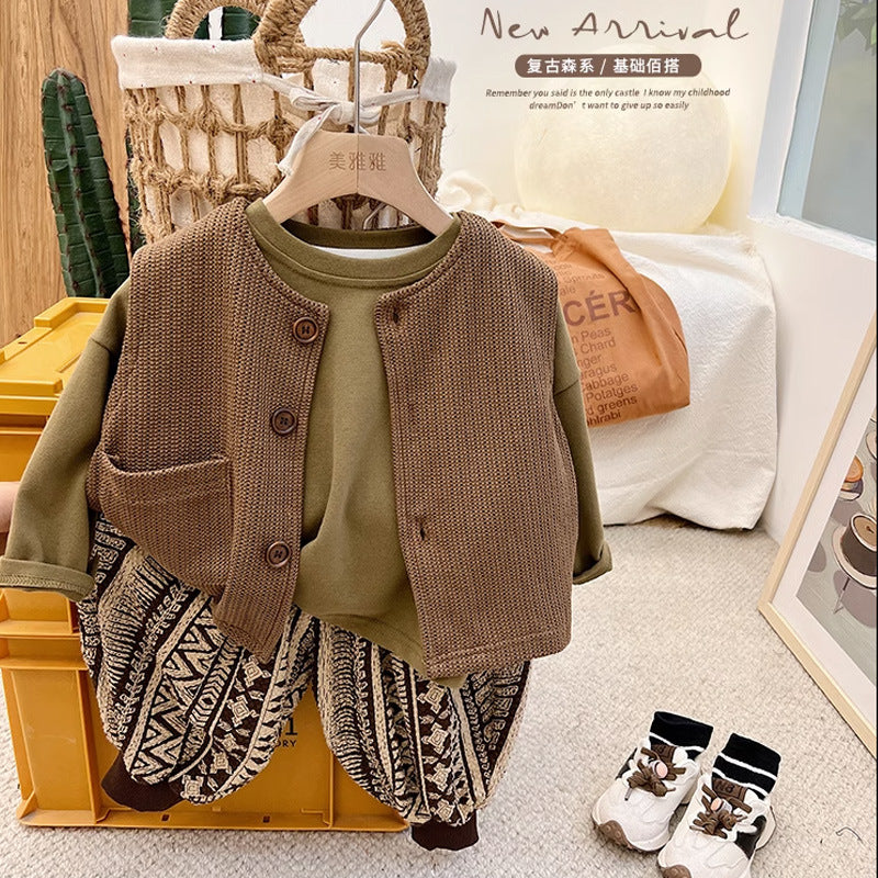 Wholesale Cotton Boy's Color Hoodie T-shirt Casual Pants Three Piece Set